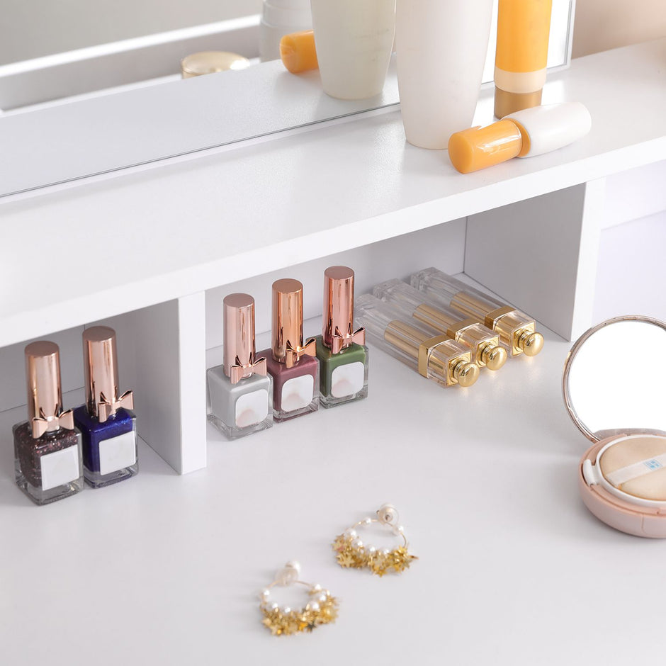 Dressing Table – Wood – White – Rectangular Mirror with 2 Drawers and 3 Open Compartments
