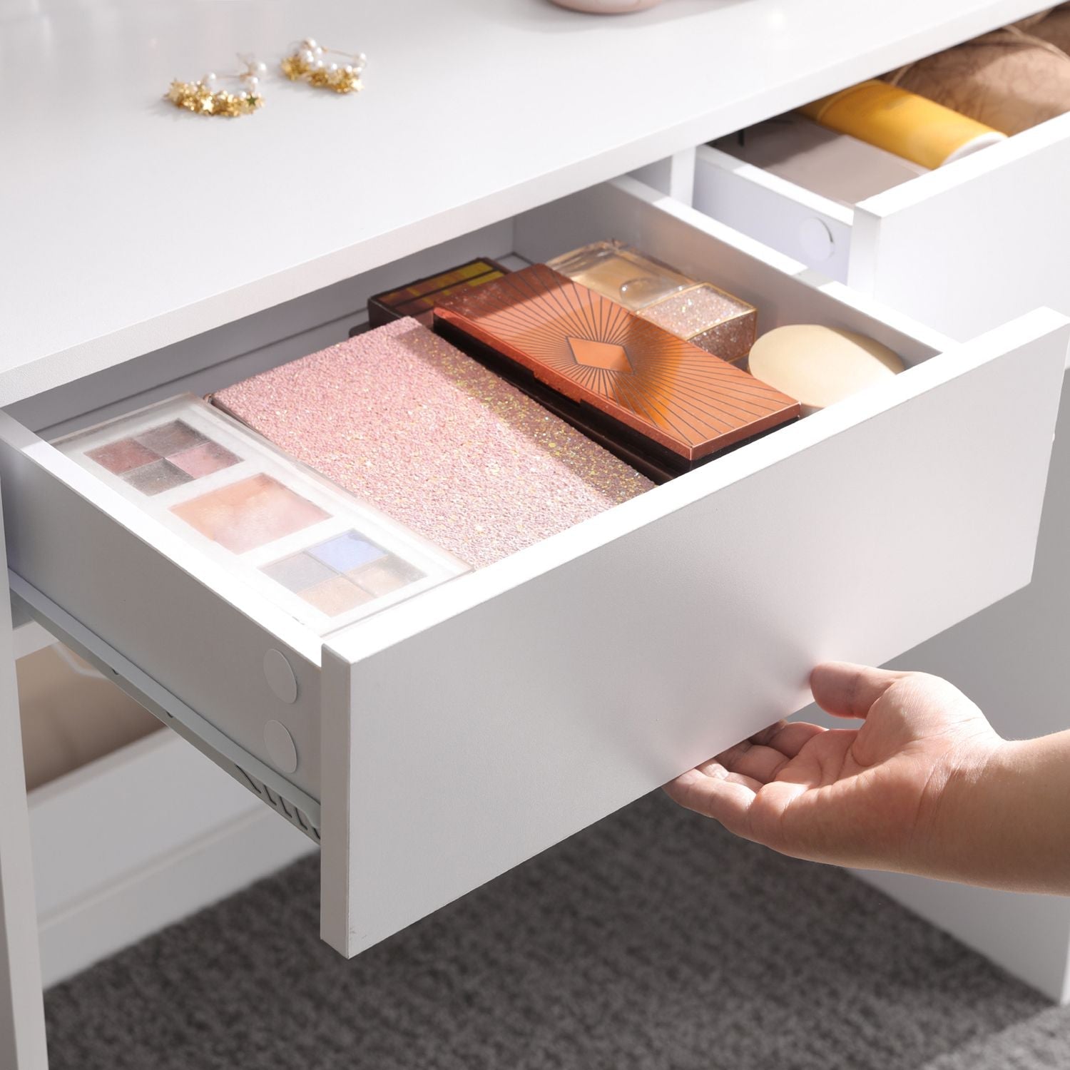 Dressing Table – Wood – White – Rectangular Mirror with 2 Drawers and 3 Open Compartments