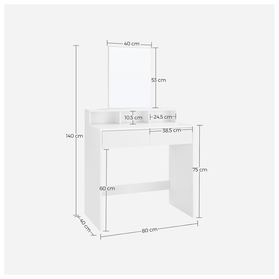 Dressing Table – Wood – White – Rectangular Mirror with 2 Drawers and 3 Open Compartments