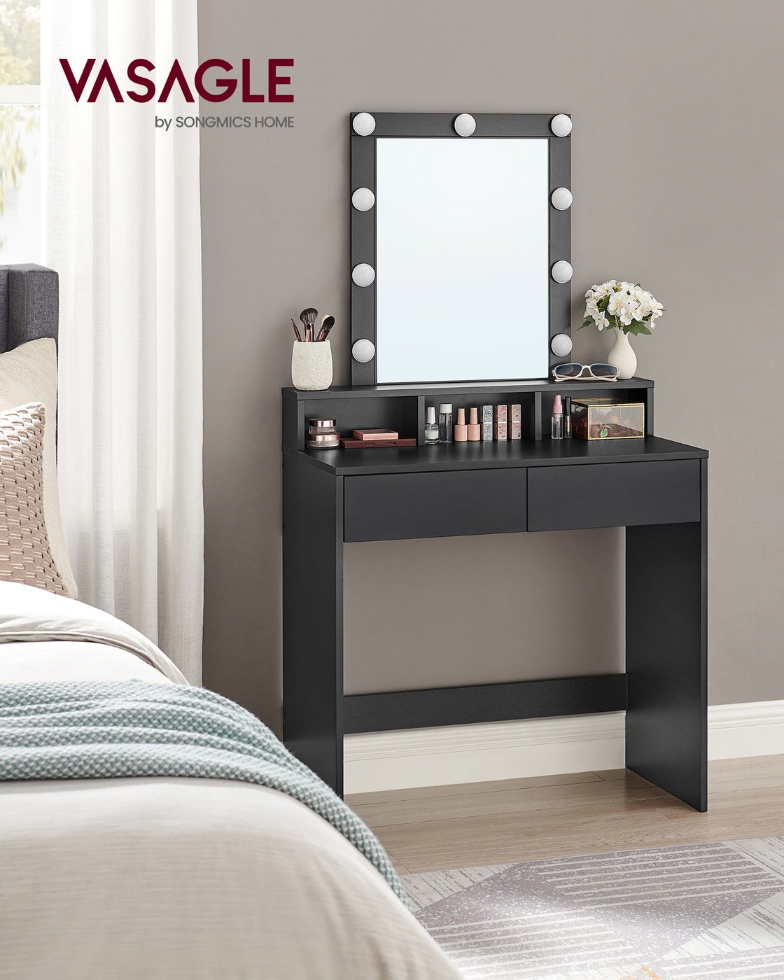 Dressing Table – Wood – Modern – LED Mirror with Adjustable Brightness, 2 Drawers and 3 Compartments