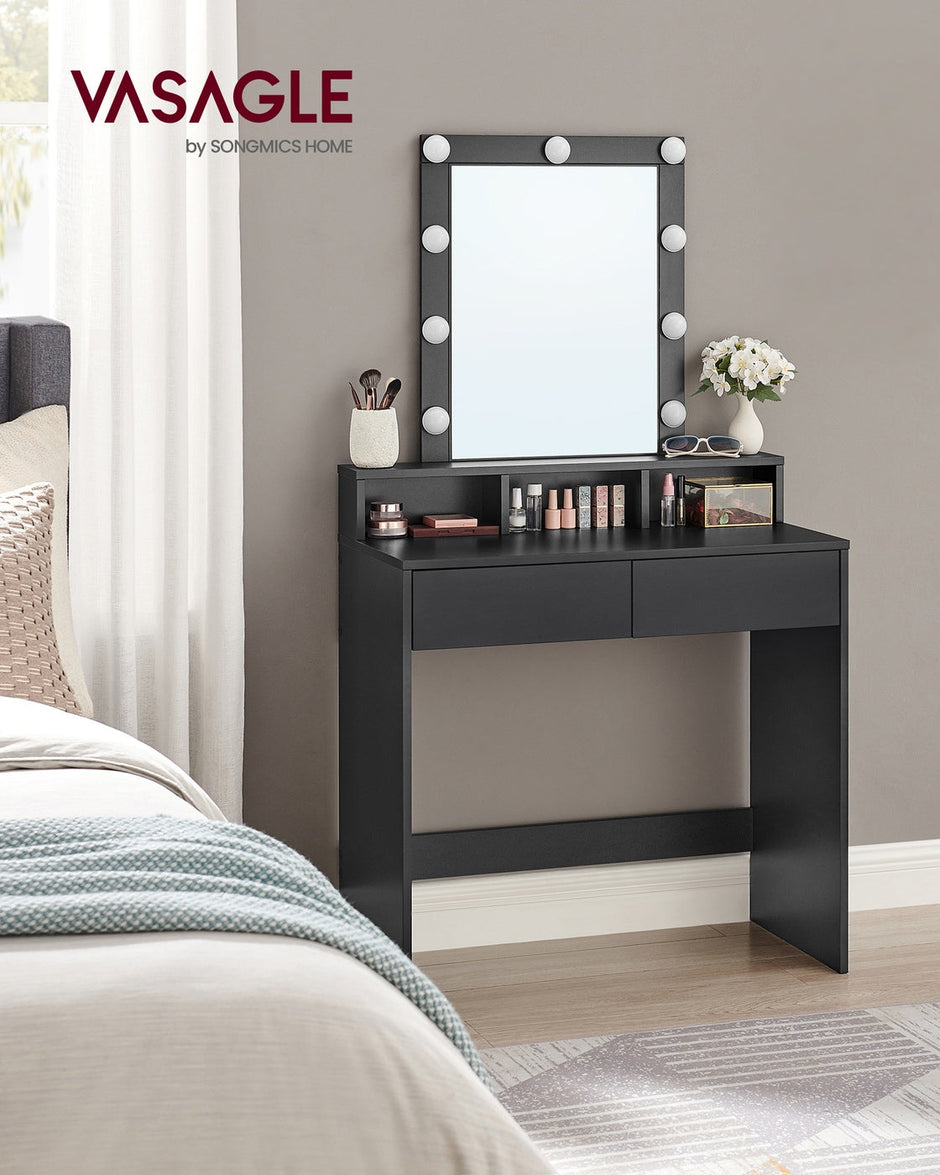 Dressing Table – Wood – Modern – LED Mirror with Adjustable Brightness, 2 Drawers and 3 Compartments