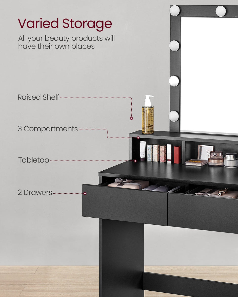 Dressing Table – Wood – Modern – LED Mirror with Adjustable Brightness, 2 Drawers and 3 Compartments