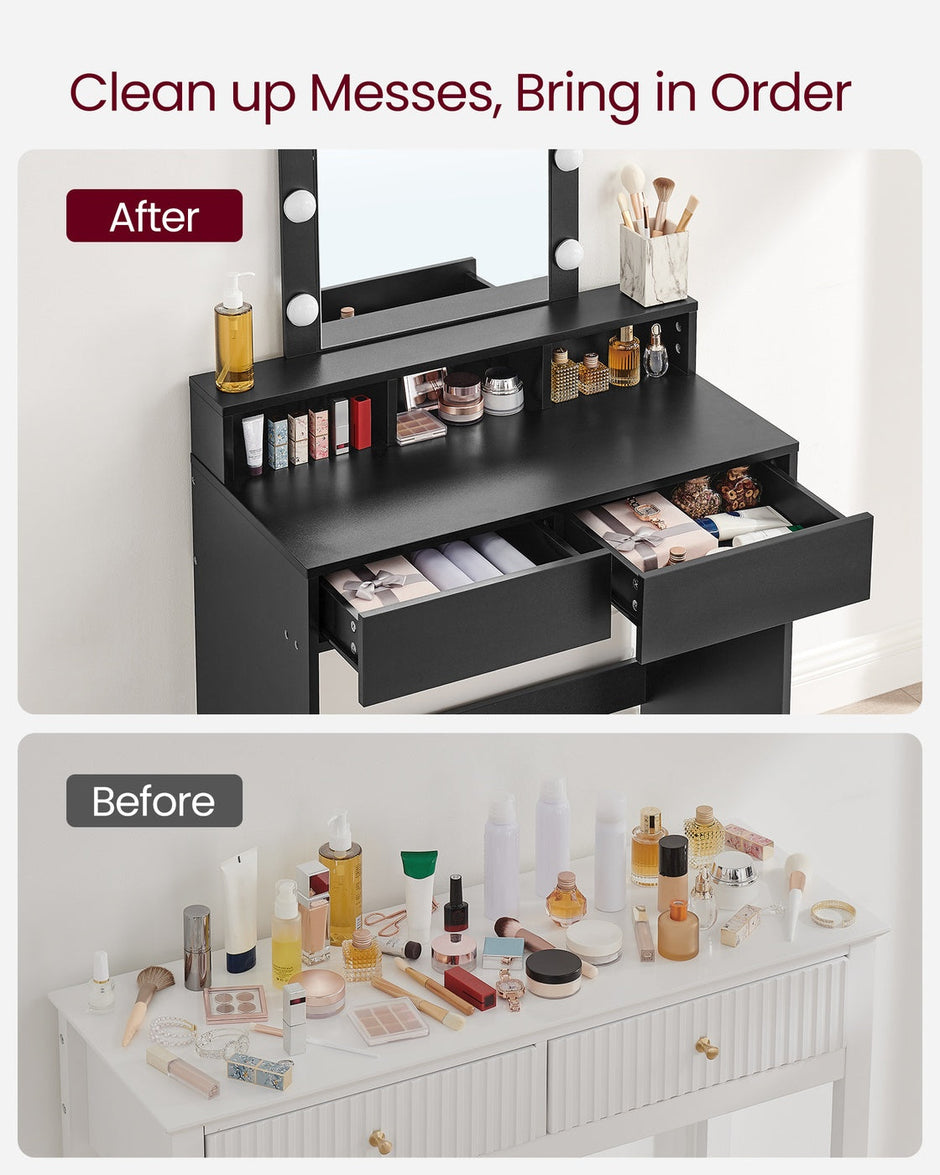 Dressing Table – Wood – Modern – LED Mirror with Adjustable Brightness, 2 Drawers and 3 Compartments