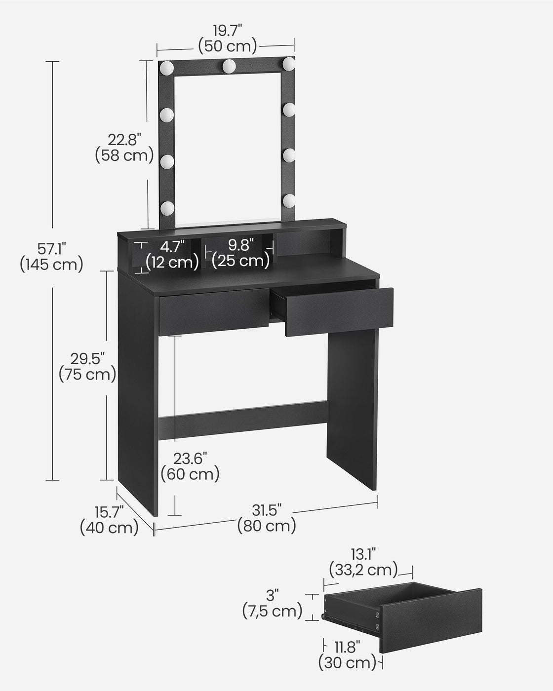 Dressing Table – Wood – Modern – LED Mirror with Adjustable Brightness, 2 Drawers and 3 Compartments