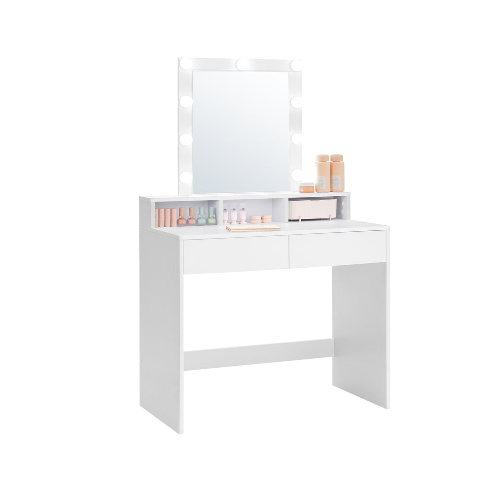 Dressing Table – Wood – Modern – With LED Mirror, Adjustable Brightness, 2 Drawers, and 3 Compartments