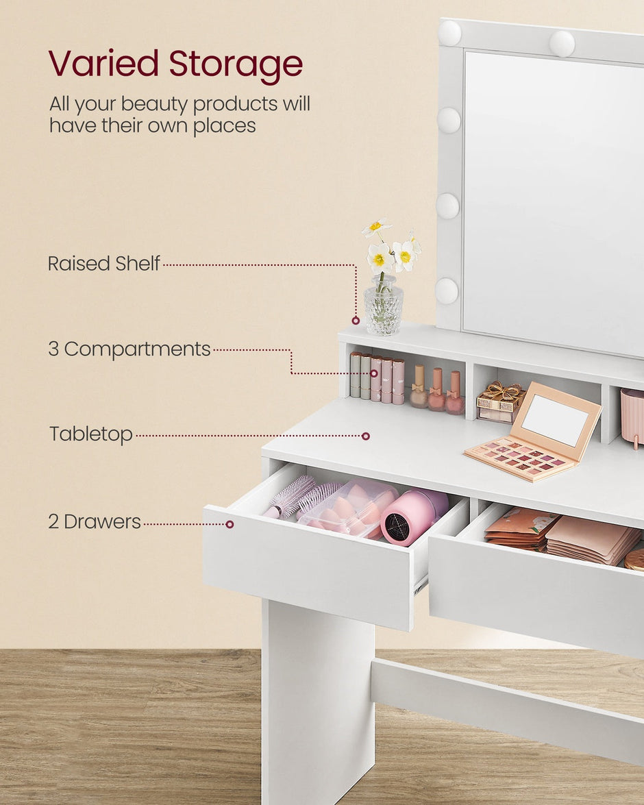 Dressing Table – Wood – Modern – With LED Mirror, Adjustable Brightness, 2 Drawers, and 3 Compartments