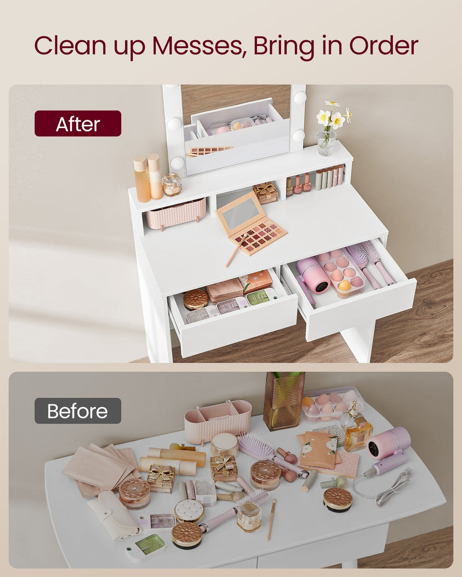 Dressing Table – Wood – Modern – With LED Mirror, Adjustable Brightness, 2 Drawers, and 3 Compartments