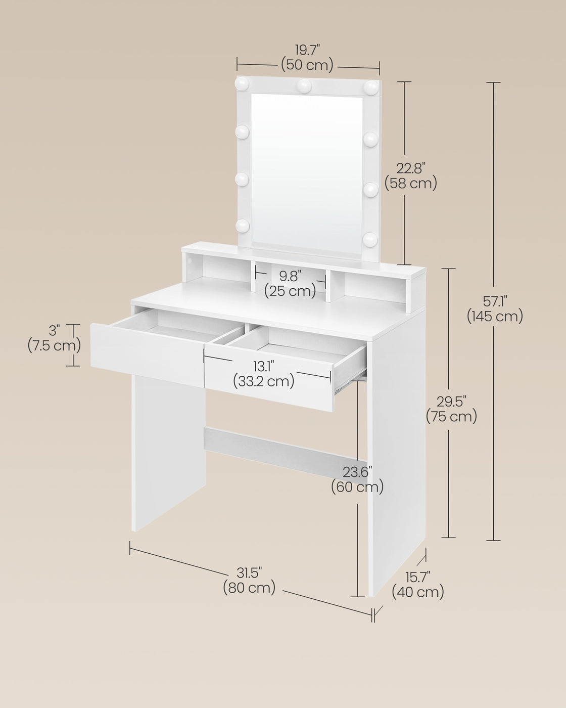 Dressing Table – Wood – Modern – With LED Mirror, Adjustable Brightness, 2 Drawers, and 3 Compartments