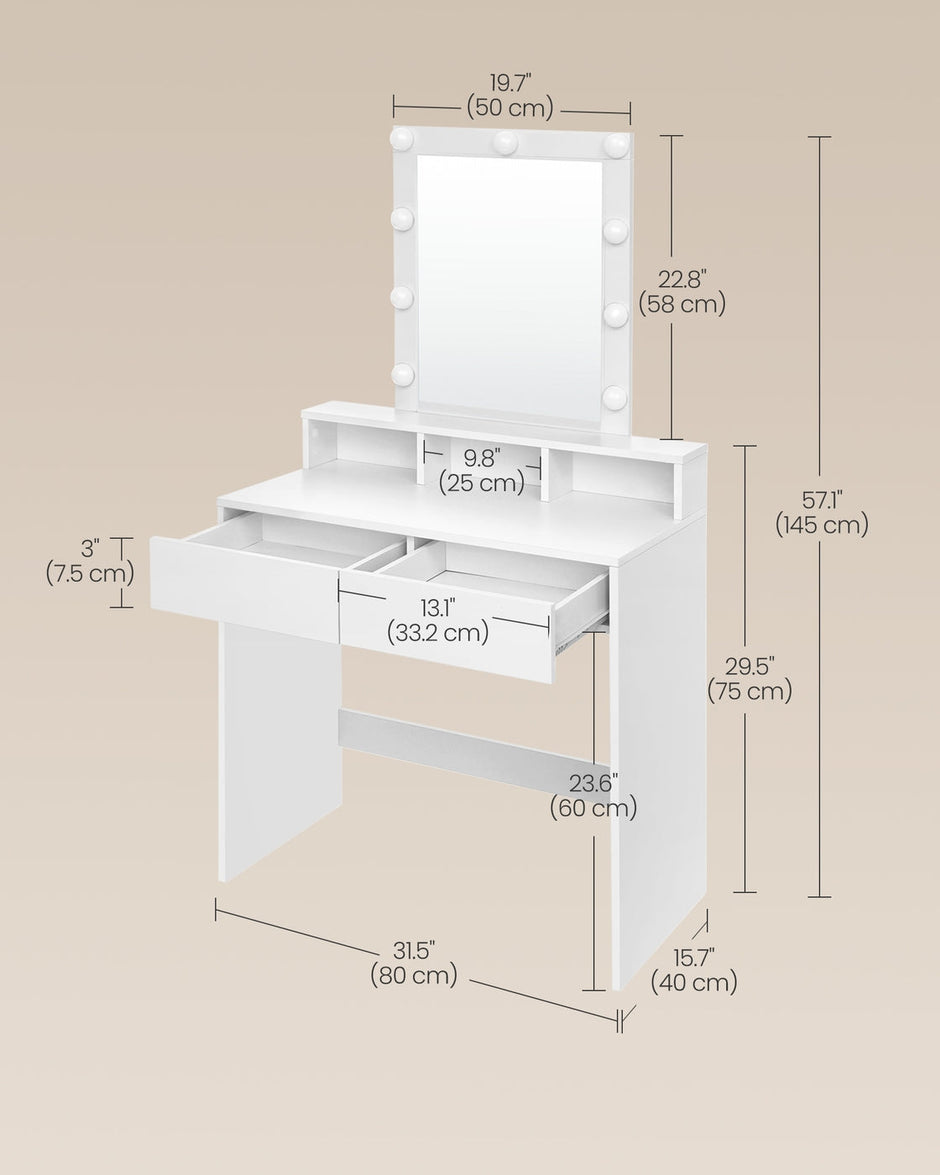 Dressing Table – Wood – Modern – With LED Mirror, Adjustable Brightness, 2 Drawers, and 3 Compartments