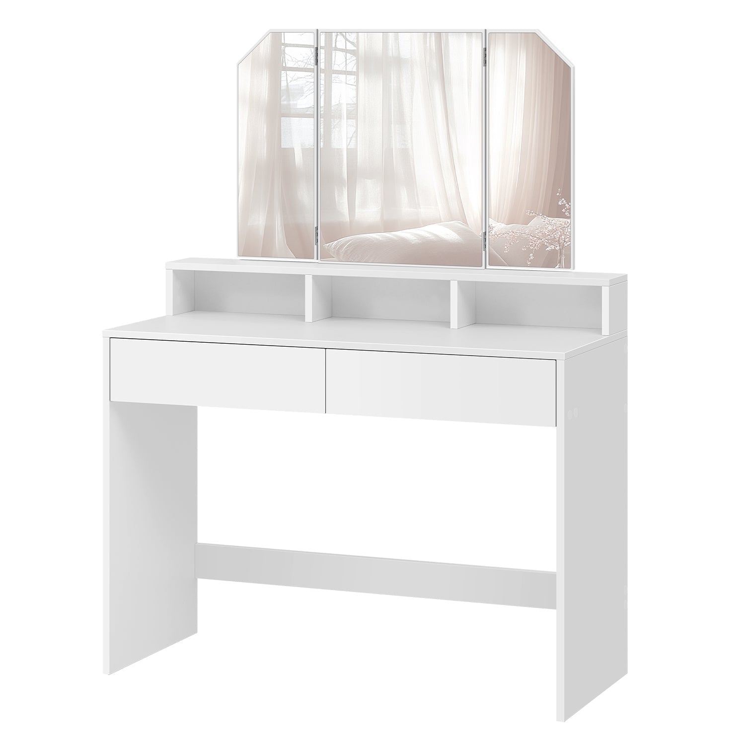 Dressing Table – Wood – White – Tri-Fold Mirror with Drawers and Open Compartments