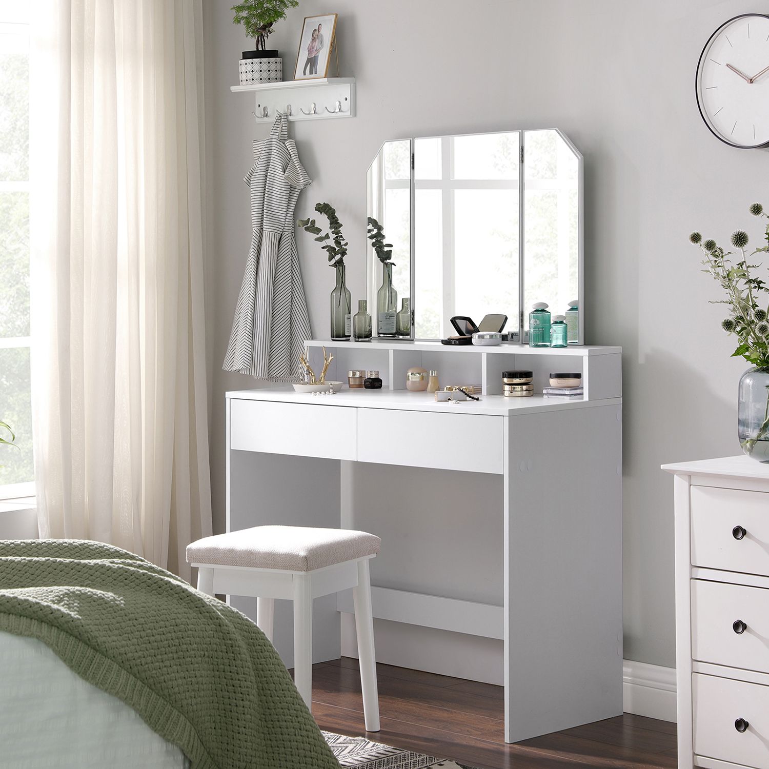 Dressing Table – Wood – White – Tri-Fold Mirror with Drawers and Open Compartments