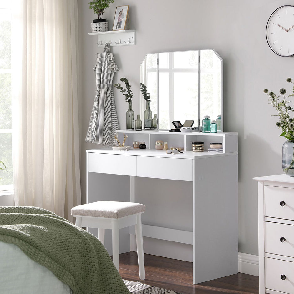 Dressing Table – Wood – White – Tri-Fold Mirror with Drawers and Open Compartments