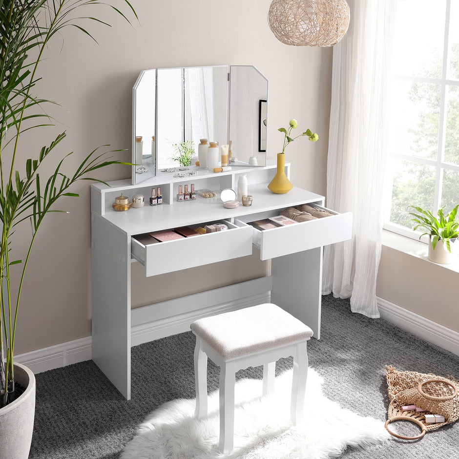 Dressing Table – Wood – White – Tri-Fold Mirror with Drawers and Open Compartments