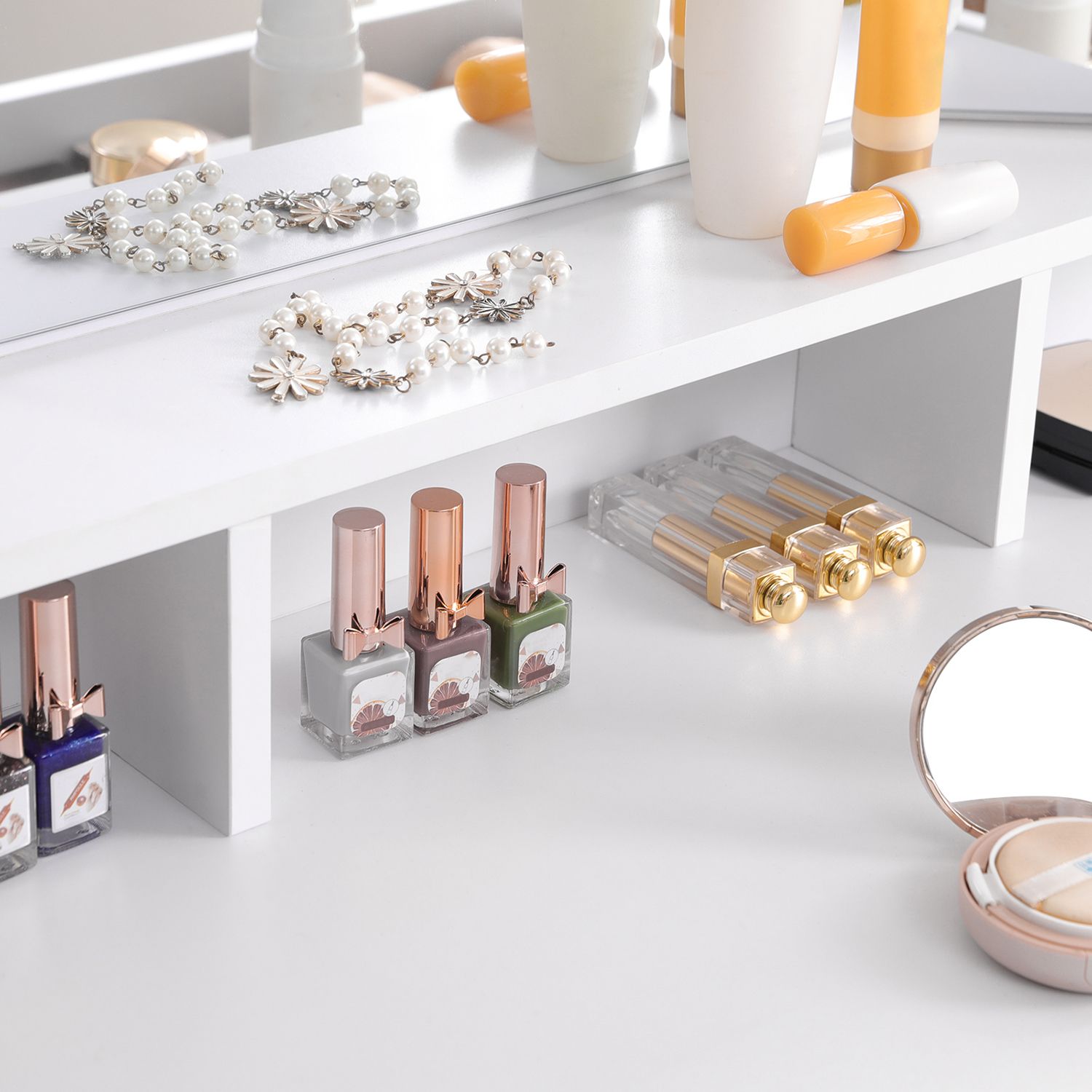 Dressing Table – Wood – White – Tri-Fold Mirror with Drawers and Open Compartments