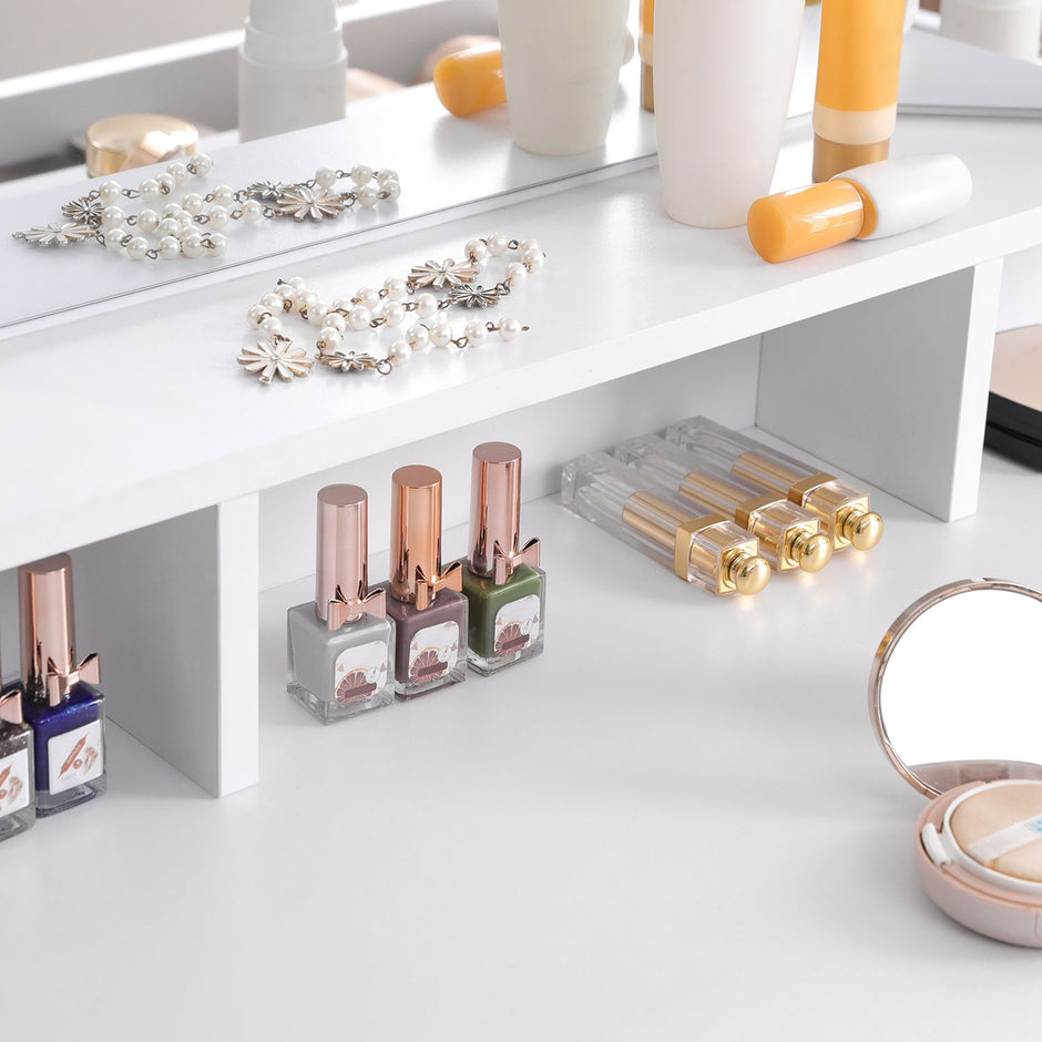 Dressing Table – Wood – White – Tri-Fold Mirror with Drawers and Open Compartments