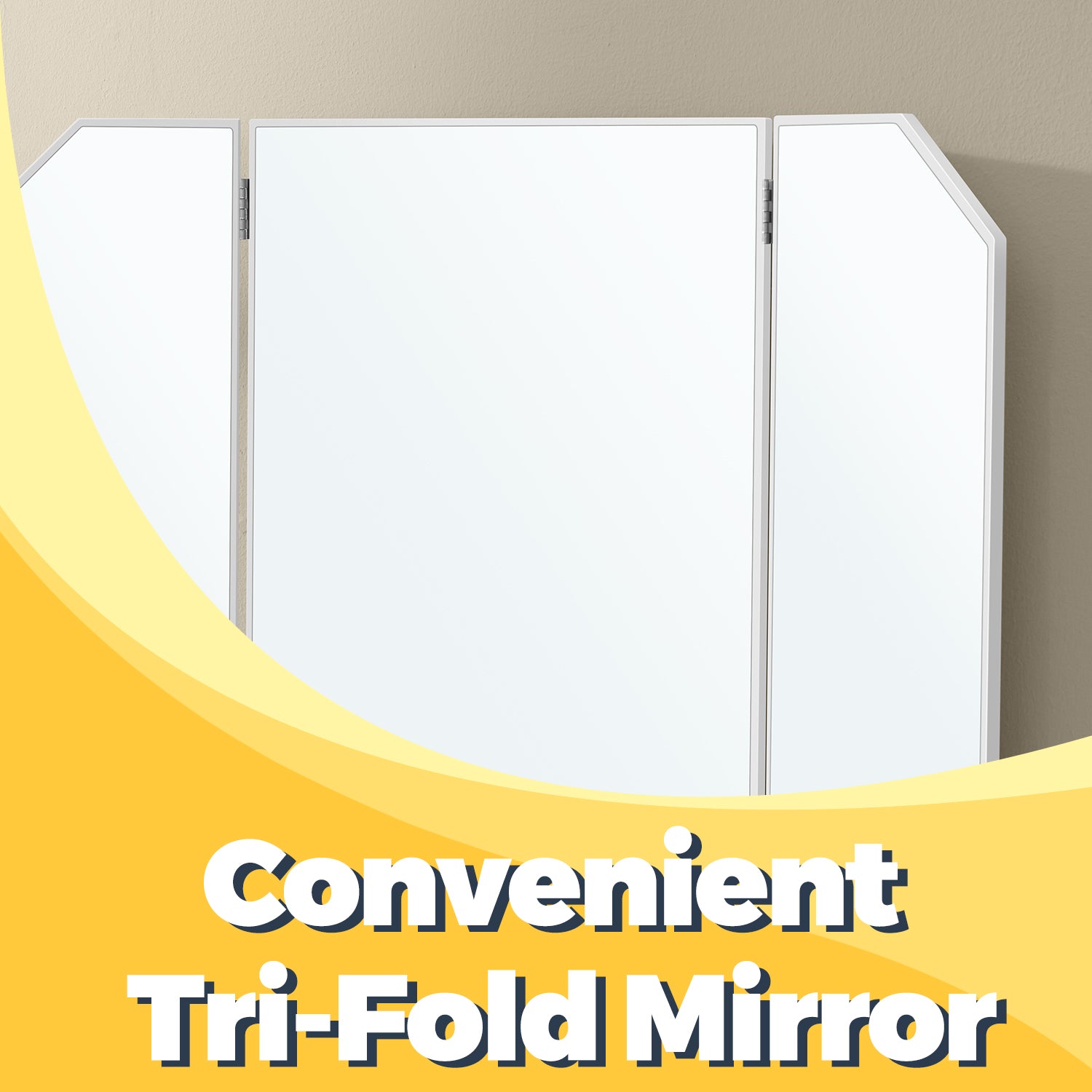 Dressing Table – Wood – White – Tri-Fold Mirror with Drawers and Open Compartments
