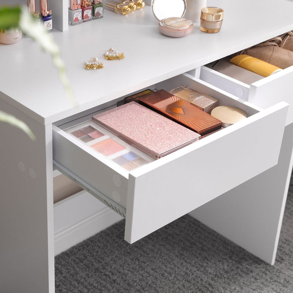 Dressing Table – Wood – White – Tri-Fold Mirror with Drawers and Open Compartments