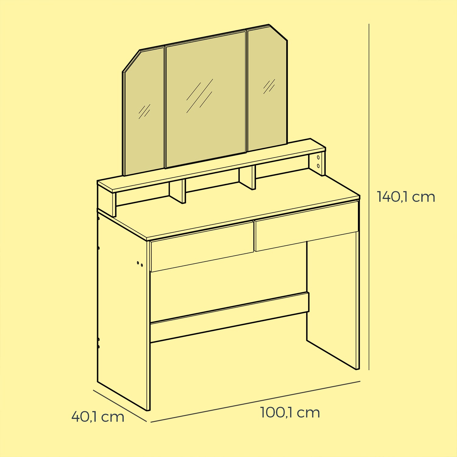 Dressing Table – Wood – White – Tri-Fold Mirror with Drawers and Open Compartments