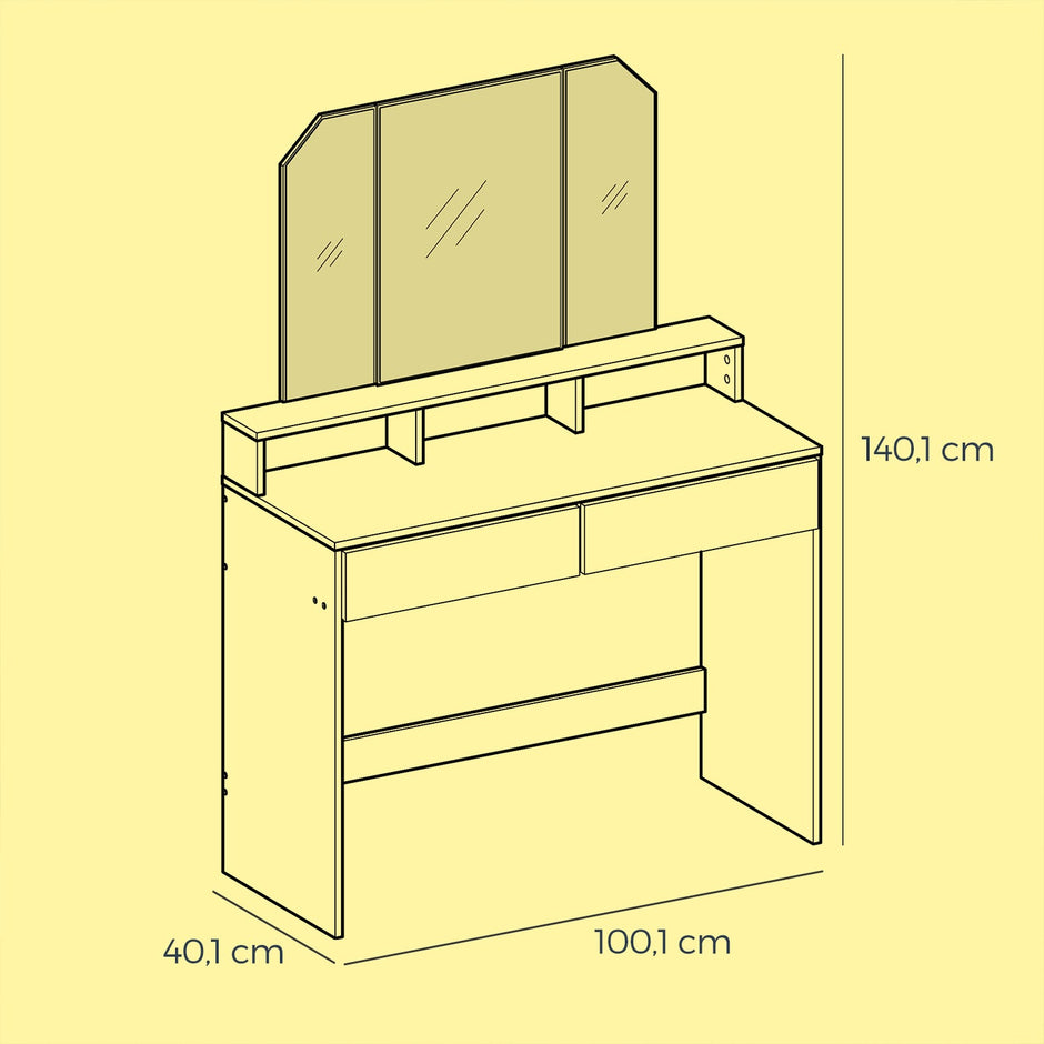 Dressing Table – Wood – White – Tri-Fold Mirror with Drawers and Open Compartments
