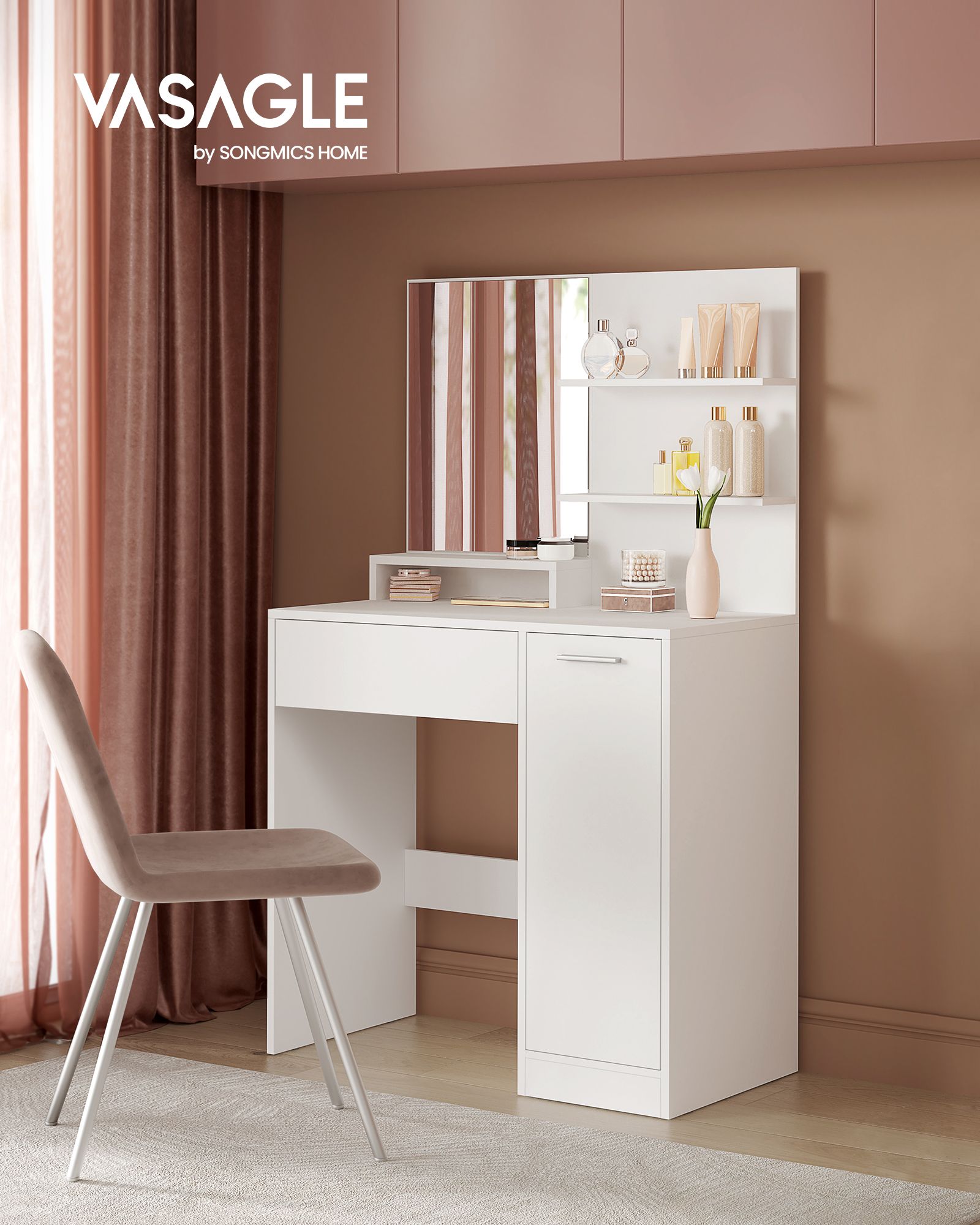 Vanity Table – Wood – White – With Mirror, Drawer, and Shelves for Makeup Organization