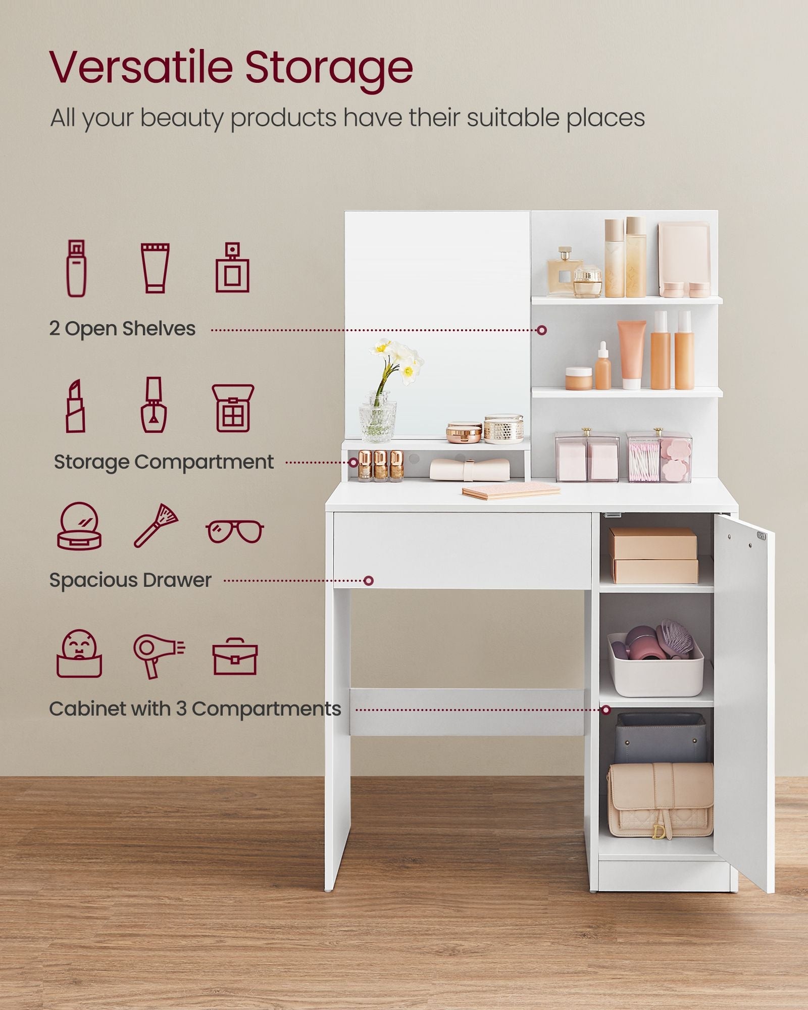 Vanity Table – Wood – White – With Mirror, Drawer, and Shelves for Makeup Organization