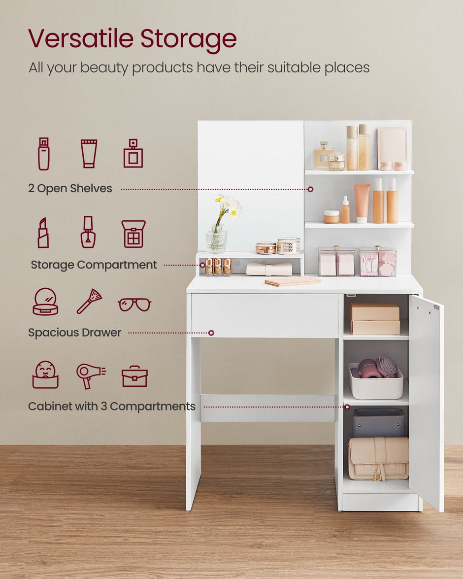 Vanity Table – Wood – White – With Mirror, Drawer, and Shelves for Makeup Organization