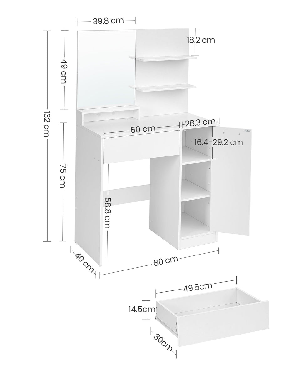 Vanity Table – Wood – White – With Mirror, Drawer, and Shelves for Makeup Organization