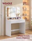 Dressing Table – Wood – White – Large Mirror with Adjustable LED Lights and Storage Compartments