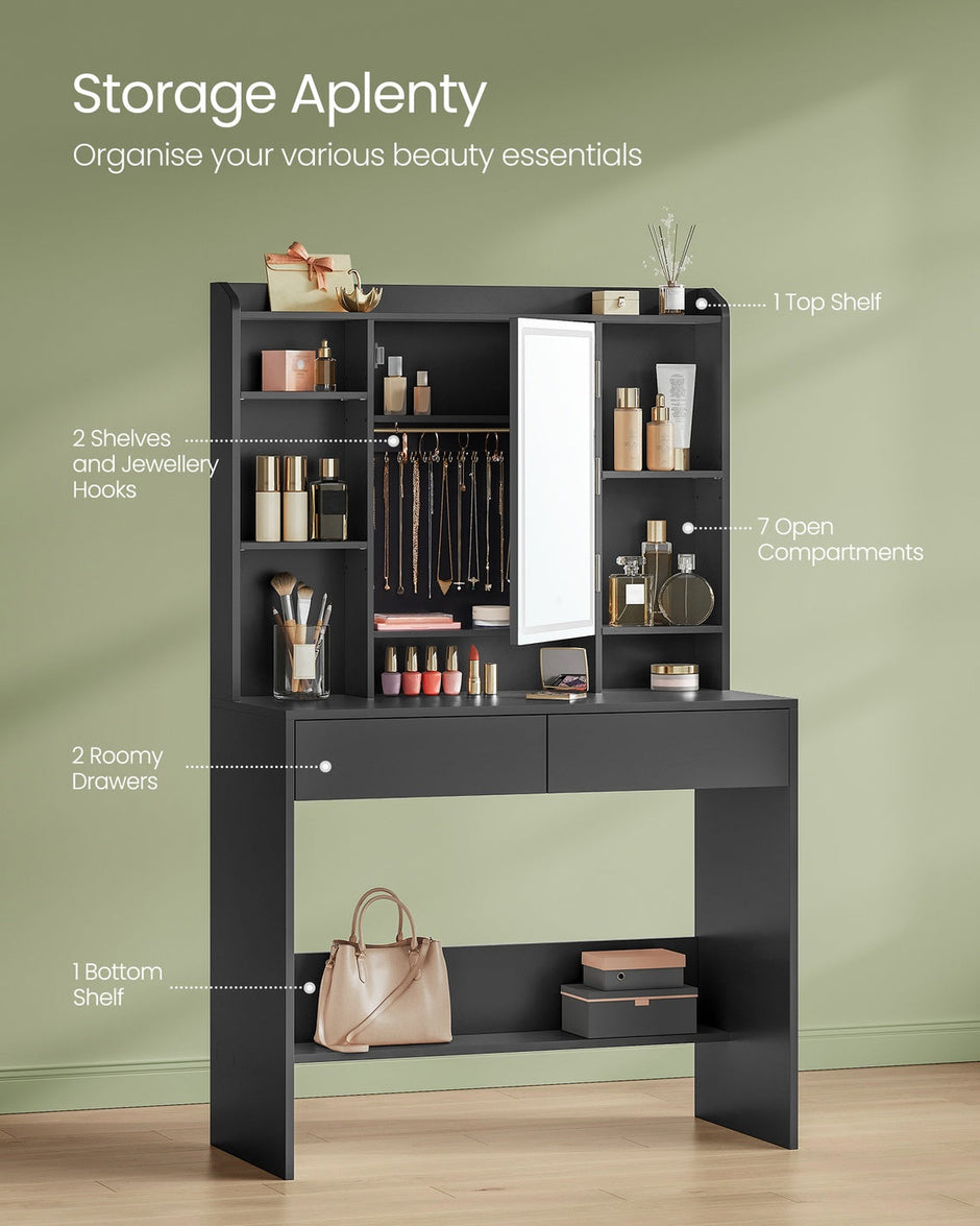 Dressing Table – Ink Black – LED Lights, Adjustable Brightness, Modern Design