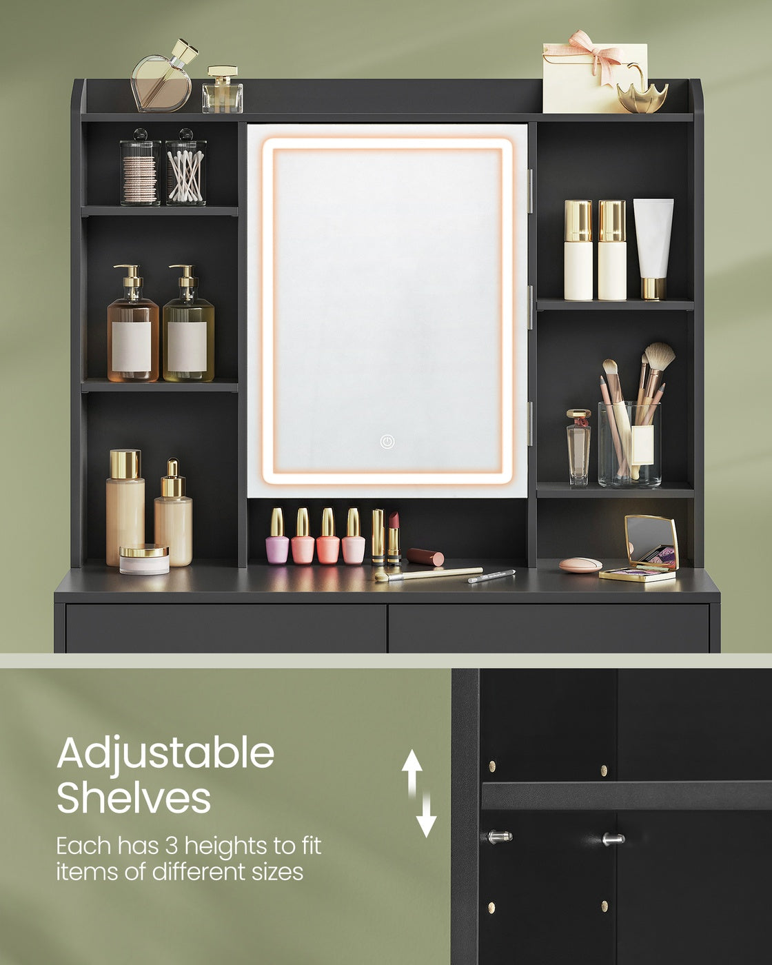 Dressing Table – Ink Black – LED Lights, Adjustable Brightness, Modern Design