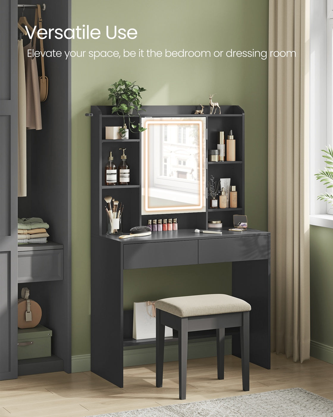Dressing Table – Ink Black – LED Lights, Adjustable Brightness, Modern Design