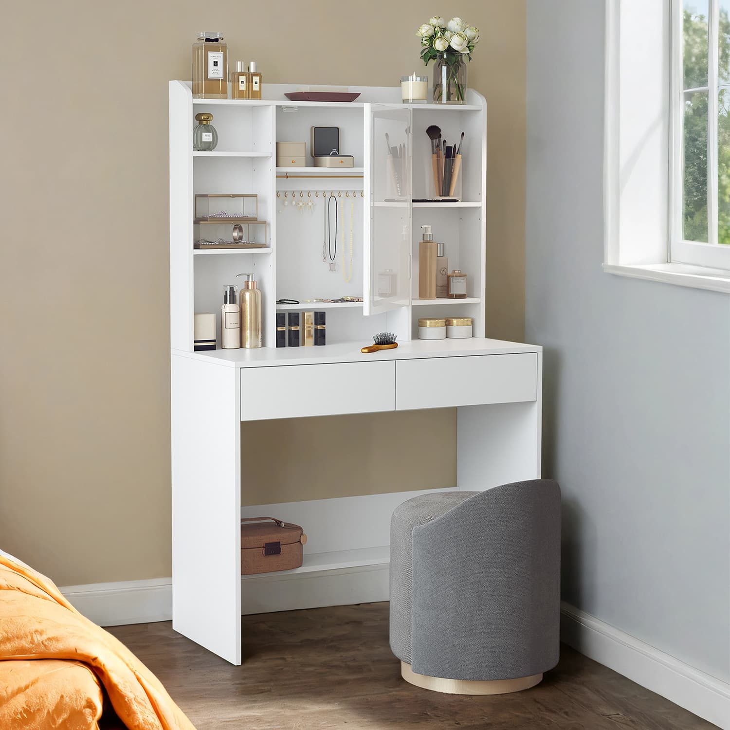 Vanity Table – Wood – White – Modern Design with LED Lights and Adjustable Shelves