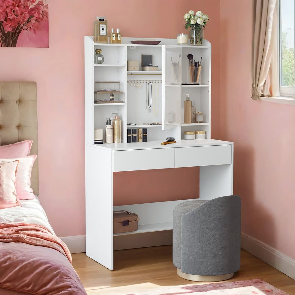 Vanity Table – Wood – White – Modern Design with LED Lights and Adjustable Shelves