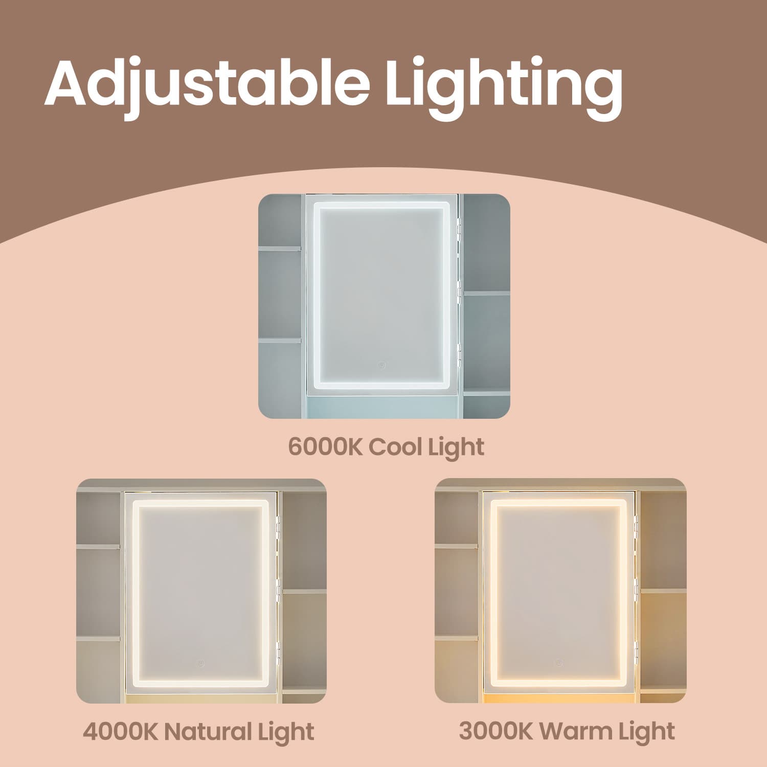 Vanity Table – Wood – White – Modern Design with LED Lights and Adjustable Shelves