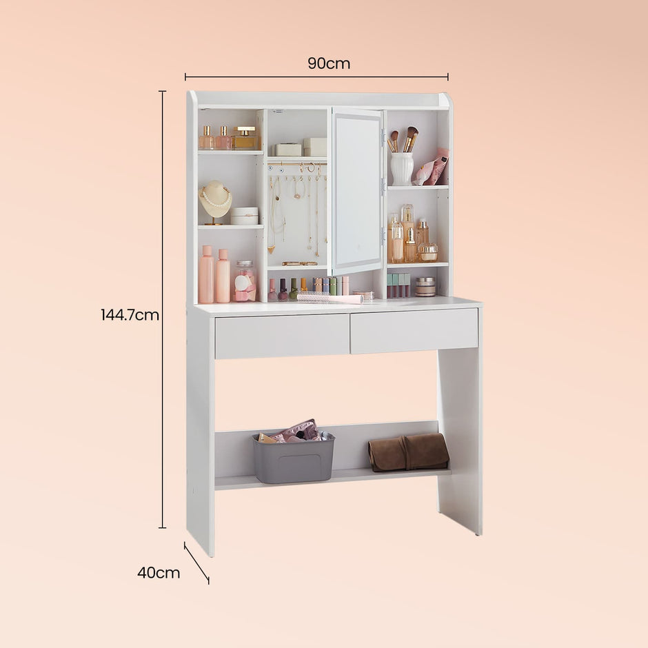 Vanity Table – Wood – White – Modern Design with LED Lights and Adjustable Shelves