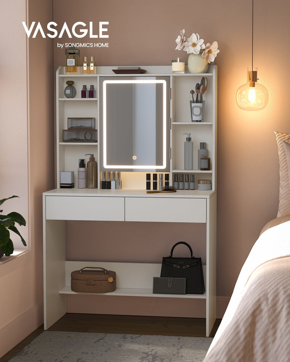 Dressing Table – Wood – Cloud White – Adjustable LED Lights with Mirror and Spacious Storage