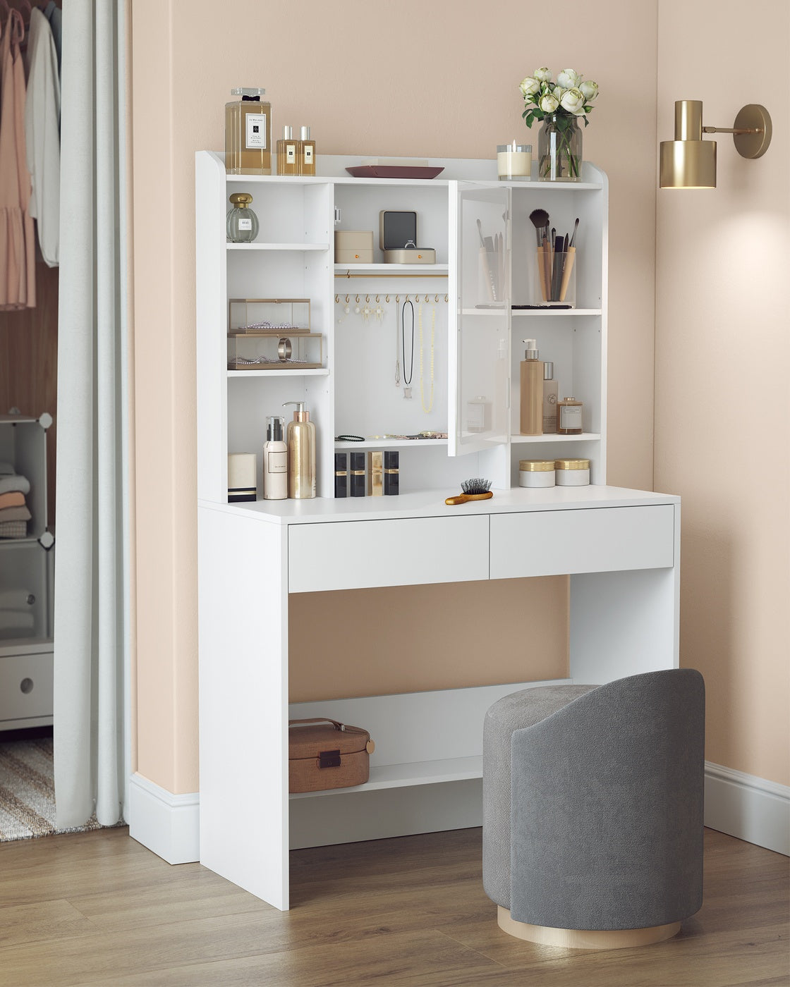 Dressing Table – Wood – Cloud White – Adjustable LED Lights with Mirror and Spacious Storage