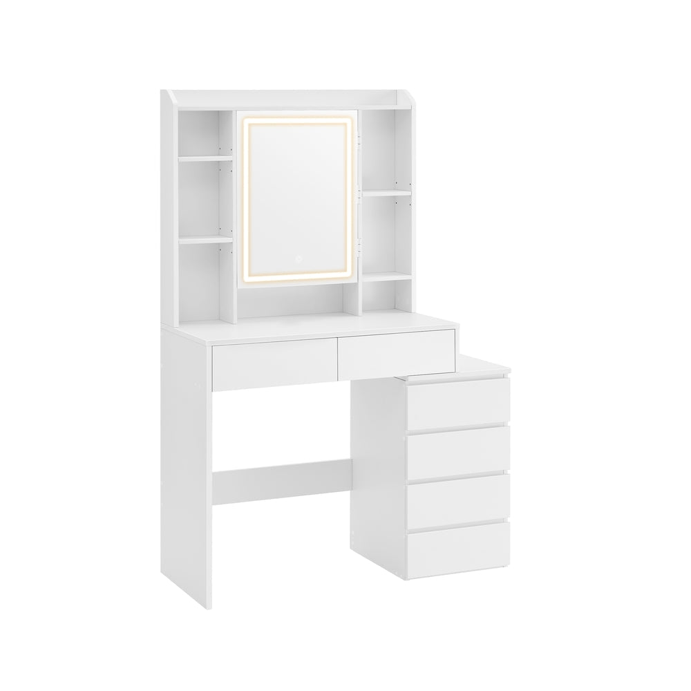 Dressing Table – Wood – Cloud White – LED Lights, Adjustable Brightness, Drawers, Mirror, Open Compartments