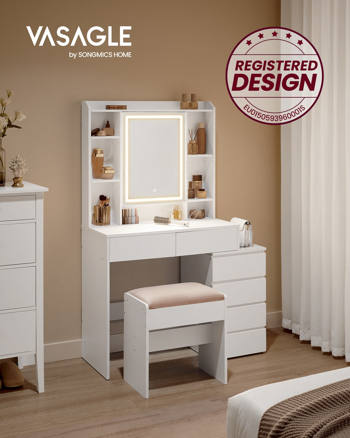 Dressing Table – Wood – Cloud White – LED Lights, Adjustable Brightness, Drawers, Mirror, Open Compartments