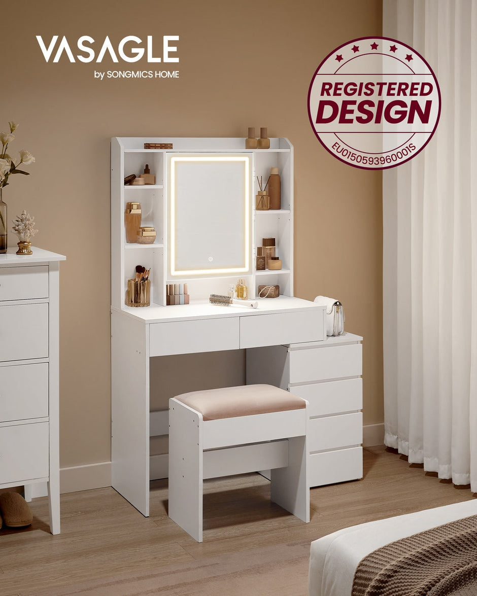 Dressing Table – Wood – Cloud White – LED Lights, Adjustable Brightness, Drawers, Mirror, Open Compartments