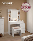 Dressing Table – Wood – Cloud White – LED Lights, Adjustable Brightness, Drawers, Mirror, Open Compartments