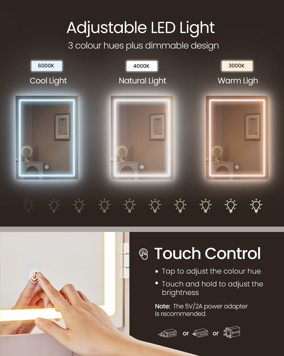 Dressing Table – Wood – Cloud White – LED Lights, Adjustable Brightness, Drawers, Mirror, Open Compartments