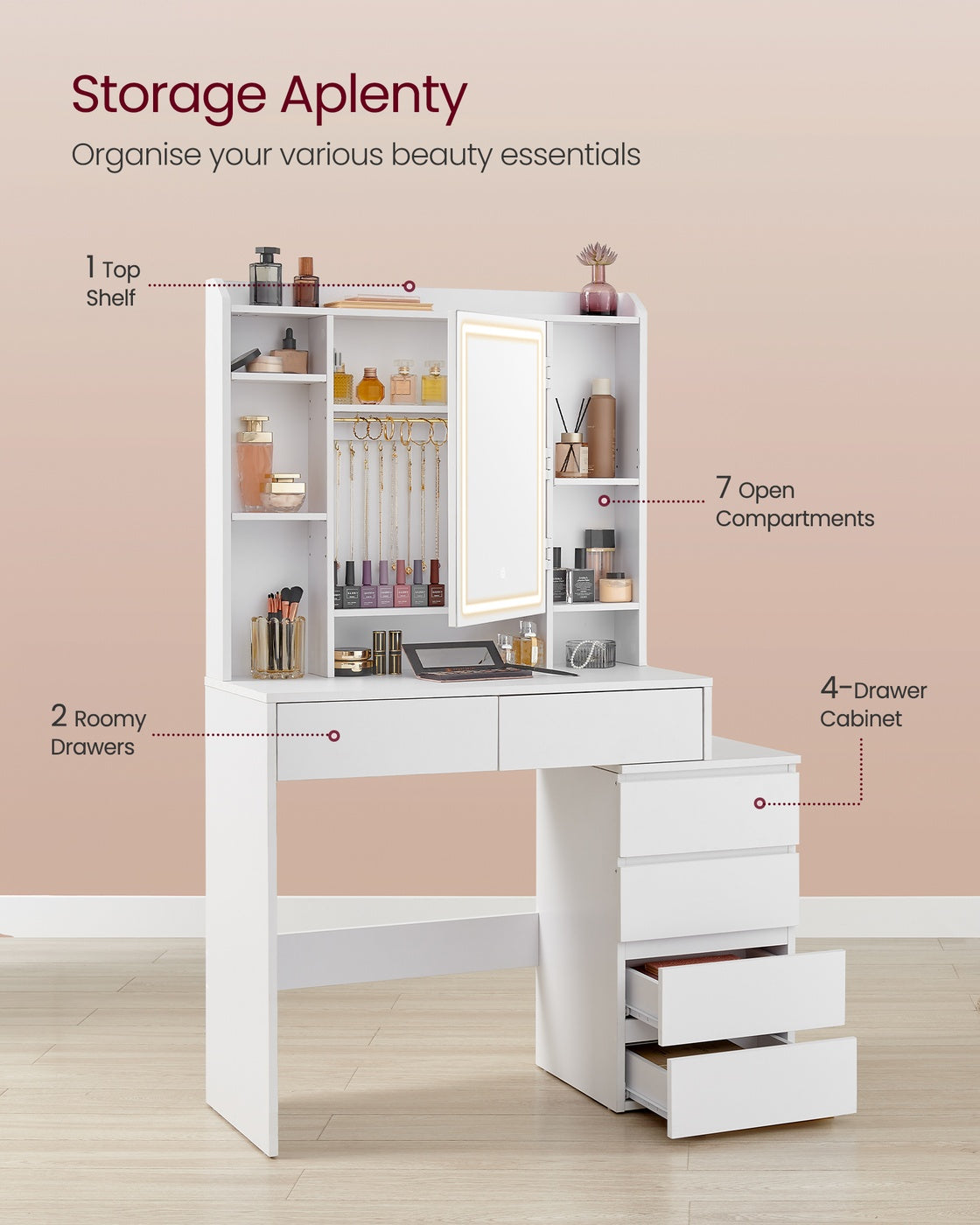Dressing Table – Wood – Cloud White – LED Lights, Adjustable Brightness, Drawers, Mirror, Open Compartments