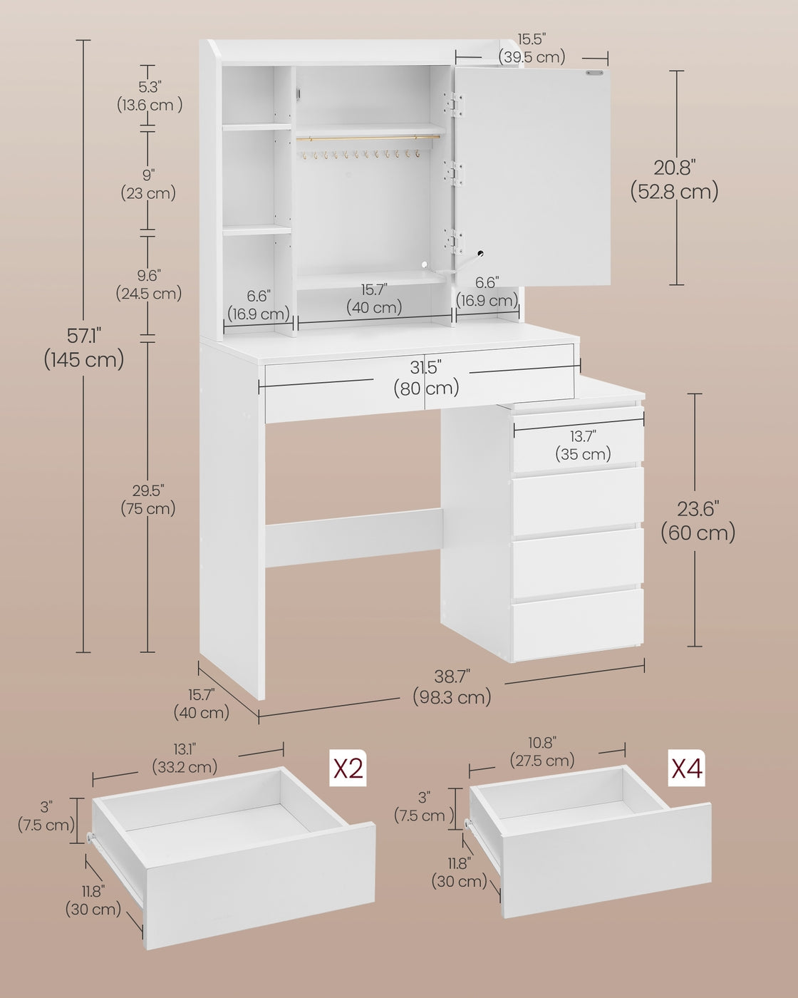 Dressing Table – Wood – Cloud White – LED Lights, Adjustable Brightness, Drawers, Mirror, Open Compartments