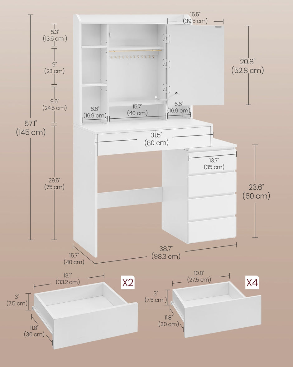 Dressing Table – Wood – Cloud White – LED Lights, Adjustable Brightness, Drawers, Mirror, Open Compartments
