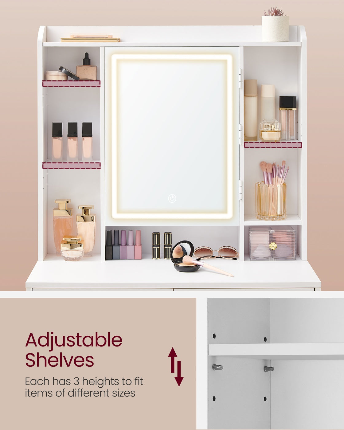 Dressing Table – Wood – Cloud White – LED Lights, Adjustable Brightness, Drawers, Mirror, Open Compartments