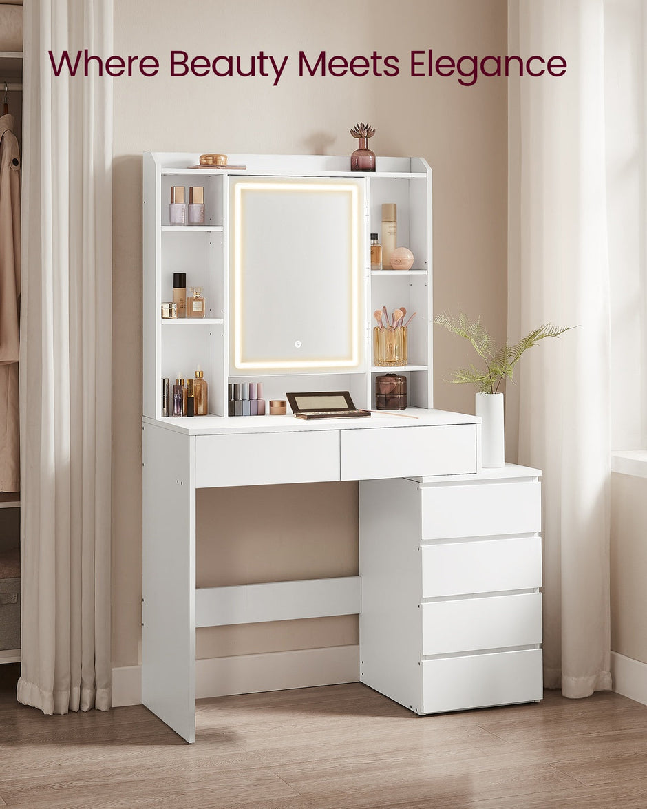 Dressing Table – Wood – Cloud White – LED Lights, Adjustable Brightness, Drawers, Mirror, Open Compartments