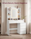 Dressing Table – Wood – Cloud White – LED Lights, Adjustable Brightness, Drawers, Mirror, Open Compartments