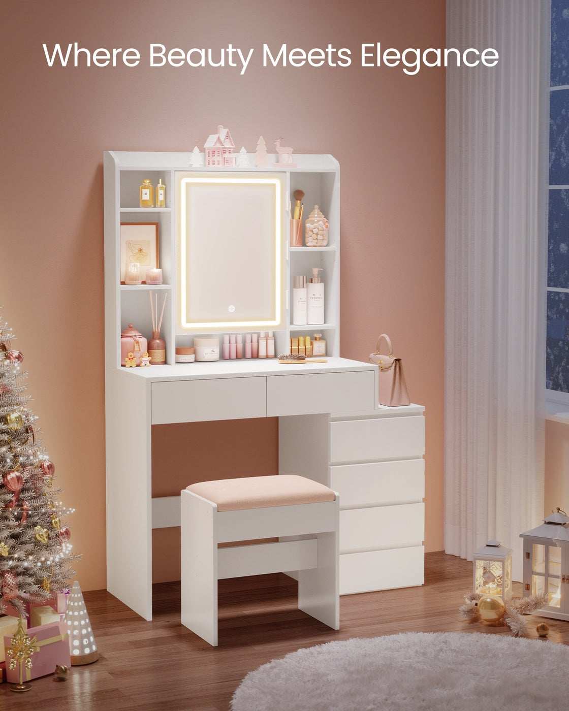 Dressing Table – Wood – Cloud White – LED Lights, Adjustable Brightness, Drawers, Mirror, Open Compartments