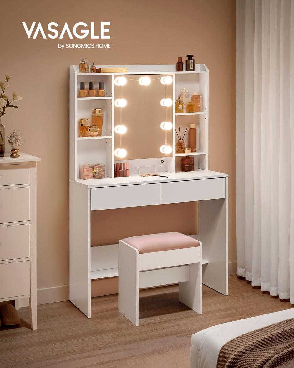 Dressing Table – Engineered Wood – Cloud White – LED Lights with Adjustable Brightness and 2 Drawers